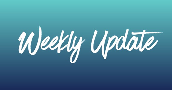 weekly update in white handwriting in a ombre blue background